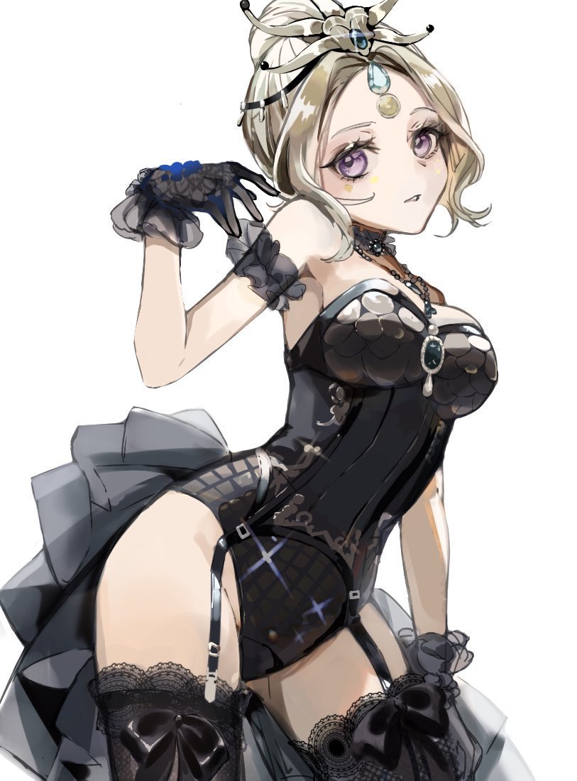 1girl, black_bow, black_collar, black_gloves, black_leotard, black_thighhighs, blonde_hair, bow, circlet, collar, contrapposto, cowboy_shot, detached_sleeves, facial_mark, garter_straps, gloves, hair_bun, hand_up, head_chain, identity_v, ito_karasu, jewelry, lace, lace-trimmed_legwear, lace_trim, leotard, looking_at_viewer, margaretha_zelle, margaretha_zelle_(kroto), necklace, official_alternate_costume, parted_bangs, parted_lips, purple_eyes, short_sleeves, showgirl_skirt, single_hair_bun, solo, strapless, strapless_leotard, thighhighs