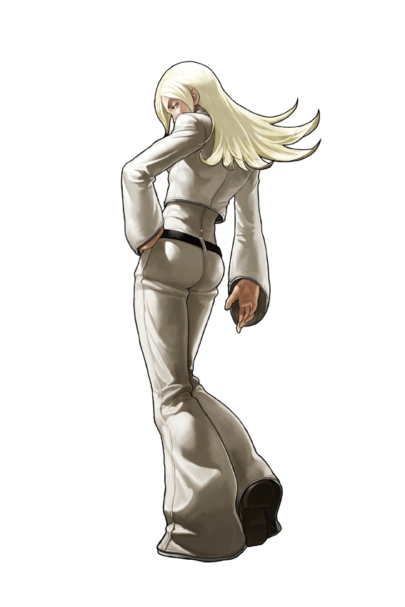1boy, ass, blonde_hair, king_of_fighters_xiii, long_hair, looking_at_viewer, looking_back, male_focus