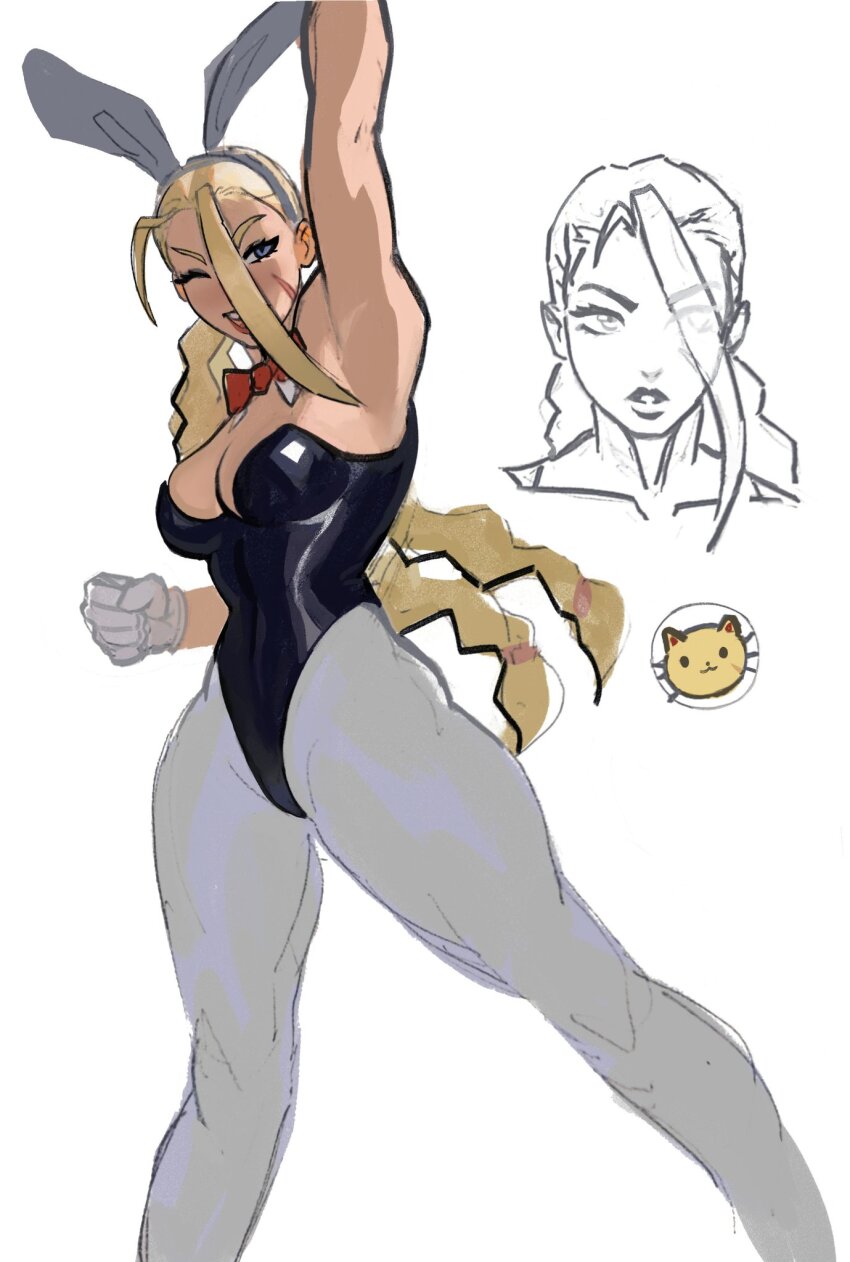 animal_ears, arm_up, armpits, bare_shoulders, blonde_hair, bow, bowtie, braid