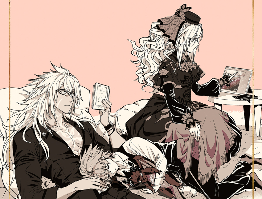 1girl, 2boys, armor, couch, dark-skinned_male, dark_skin, fate/grand_order, fate_(series)