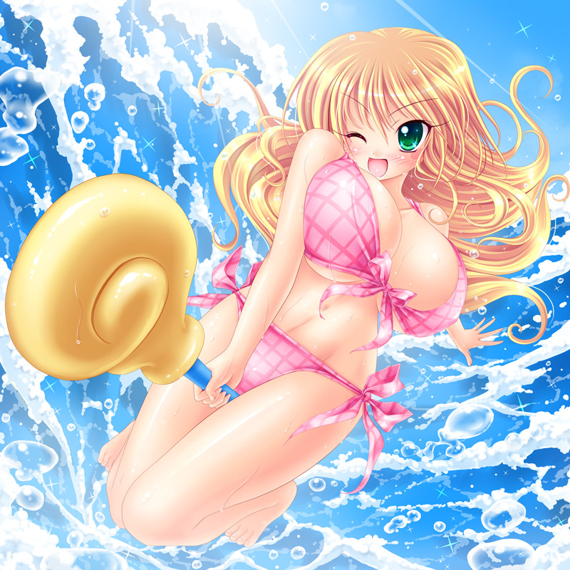 1girl, :d, bare_shoulders, barefoot, bikini, blonde_hair, breasts, dark_magician_girl, duel_monster, female_focus, foreshortening, green_eyes, groin, huge_breasts, kogarashi_(wind_of_winter), large_breasts, long_hair, one_eye_closed, open_mouth, pink_bikini, side-tie_bikini_bottom, smile, solo, splashing, swimsuit, water, wink, yu-gi-oh!, yu-gi-oh!_duel_monsters