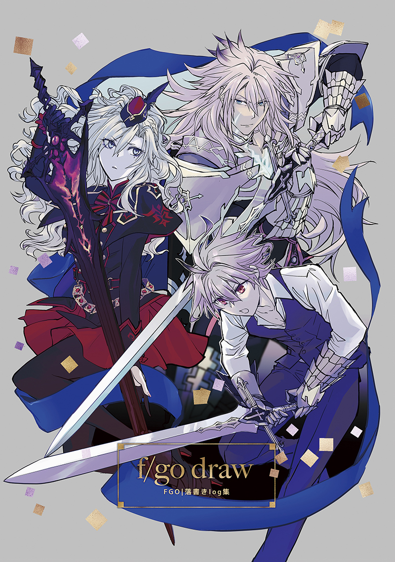 1girl, 2boys, alternate_skin_color, armor, black_dress, black_gloves, black_headwear, dress