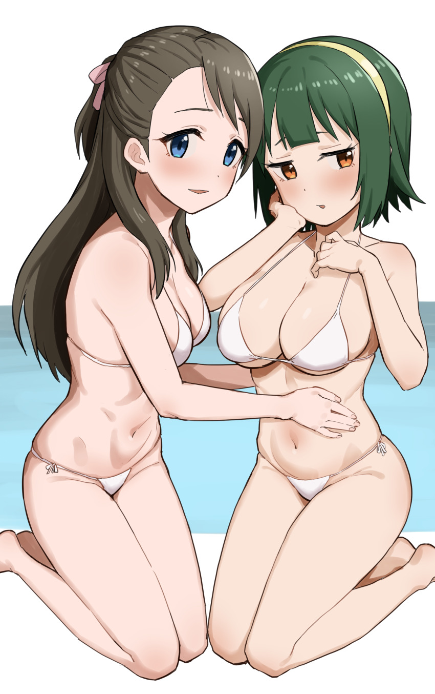 2girls, absurdres, bikini, blue_eyes, breasts, brown_hair, chelle_ingham, green_hair