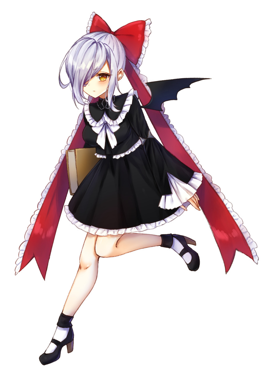 1girl, absurdres, black_dress, black_shoes, black_wings, book, bow, breasts