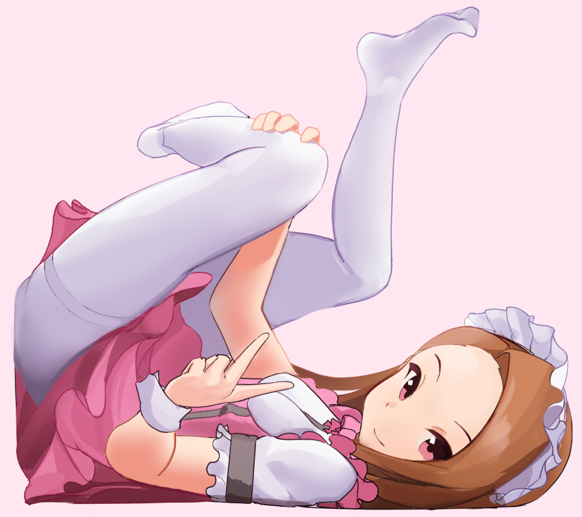 1girl, bow, bowtie, breasts, brown_eyes, brown_hair, ch2haya_p, child, closed_mouth, corset, dot_nose, dress, feet, frilled_dress, frills, from_side, full_body, highres, holding_own_leg, idolmaster, idolmaster_(classic), idolmaster_million_live!, idolmaster_million_live!_theater_days, legs_up, long_hair, looking_at_viewer, lying, minase_iori, on_back, pantyhose, pink_background, pink_bow, pink_bowtie, pink_corset, pink_dress, pretty_waitress_(idolmaster), puffy_short_sleeves, puffy_sleeves, short_sleeves, simple_background, small_breasts, smile, solo, toes, underbust, v, white_headdress, white_pantyhose, white_wrist_cuffs, wrist_cuffs