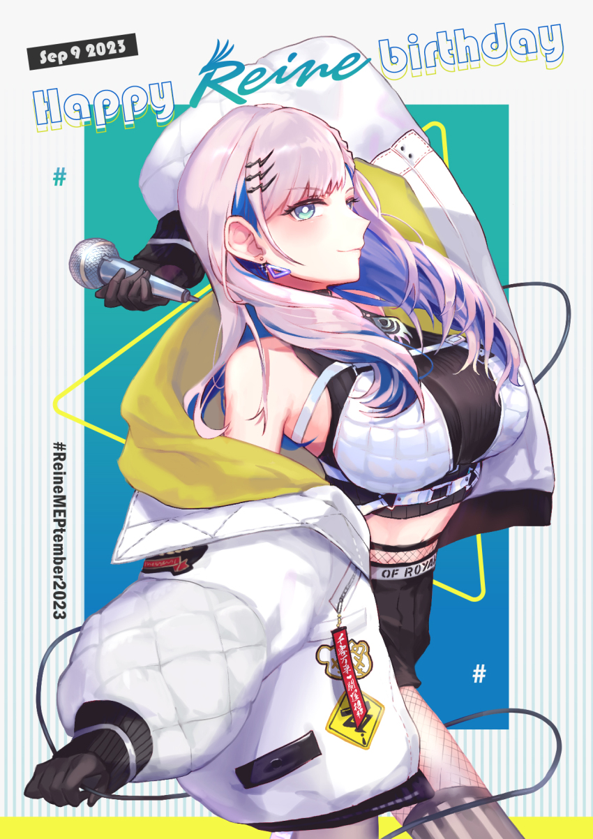 1girl, artistic_error, asterisk_(pmpalg_v), black_shirt, black_shorts, chest_strap, fishnets, highres