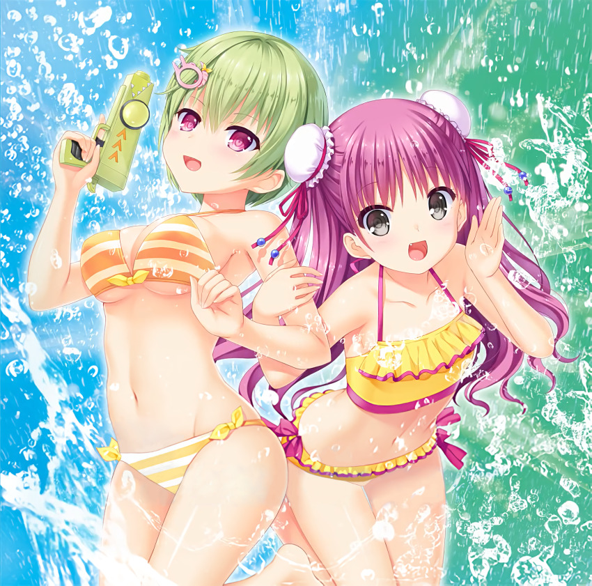 2girls, :d, album_cover, barefoot, bikini, blue_background, blush, bow, breasts, bun_cover, cleavage, collarbone, copyright_name, cover, cowboy_shot, crocodile_hair_ornament, double_bun, fang, frilled_bikini, frills, gradient_background, green_background, green_hair, grey_eyes, groin, hair_between_eyes, hair_bun, hair_ornament, hair_ribbon, happy, highres, holding, holding_water_gun, humuyun, katou_umi, locked_arms, long_hair, looking_at_viewer, medium_breasts, multiple_girls, na-ga, navel, nomura_miki, official_art, open_mouth, orange_bikini, page_number, purple_hair, red_eyes, red_ribbon, ribbon, shiny_skin, short_hair, simple_background, smile, stomach, striped_bikini, striped_clothes, summer_pockets, swimsuit, thigh_gap, underboob, very_long_hair, water_drop, water_gun, wet, yellow_bikini, yellow_bow