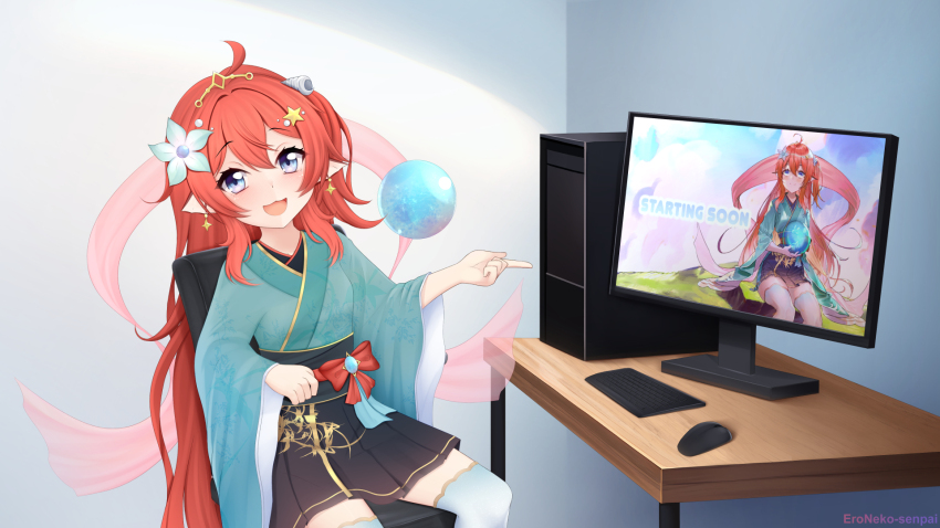 1girl, akiko_sushi, artist_name, blue_eyes, bow, chair, commission, desk, dress, eroneko_senpai, flat_chest, flower, hair_flower, hair_ornament, highres, computer_keyboard, knees_up, long_hair, looking_at_viewer, monitor, computer_mouse, open_mouth, orb, pointy_ears, red_hair, ribbon, shirt, sitting, skirt, smile, thighhighs, thighs, virtual_youtuber, vreverie, wall