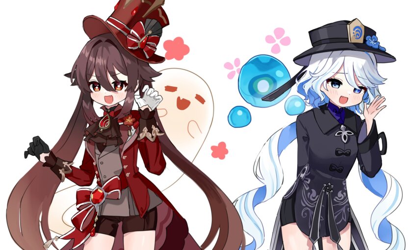 2girls, alternate_costume, black_gloves, black_shorts, blue_eyes, blue_shirt, blush, boo_tao_(genshin_impact)