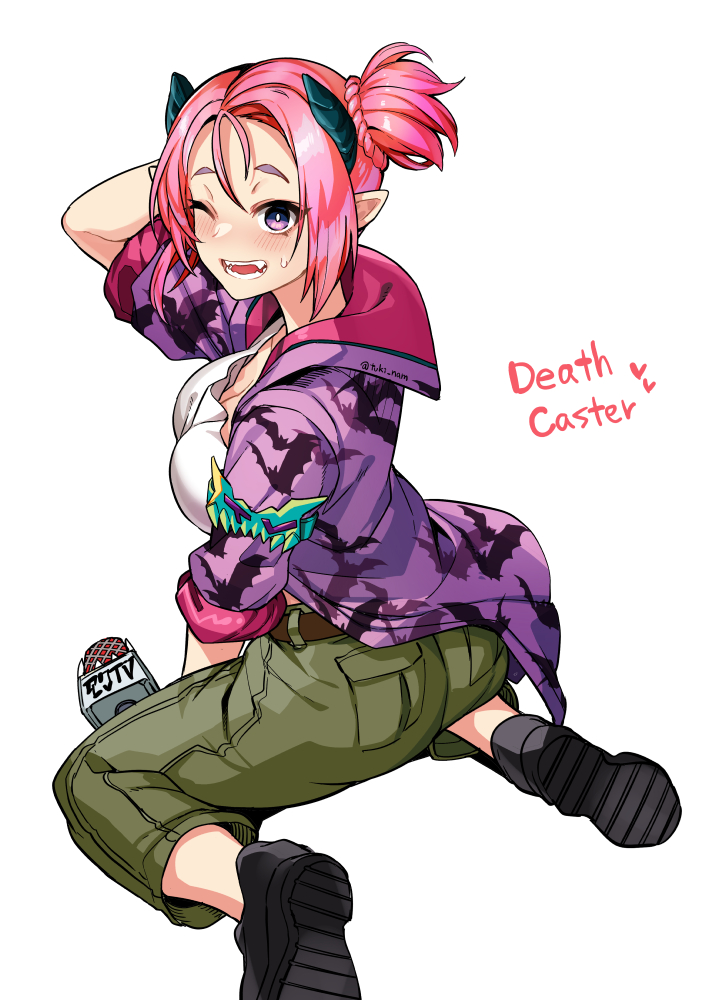 1girl, animal_print, arm_behind_head, bat_print, belt, breasts, cargo_pants, character_name, demon_girl, demon_horns, duel_monster, holding, holding_microphone, horns, jacket, large_breasts, microphone, muckraker_from_the_underworld, one_eye_closed, open_clothes, open_jacket, pants, pink_hair, pointy_ears, ponytail, purple_eyes, sharp_teeth, shirt, shoes, short_ponytail, sitting, solo, teeth, tsukinami_kousuke, wariza, white_background, white_shirt, yu-gi-oh!