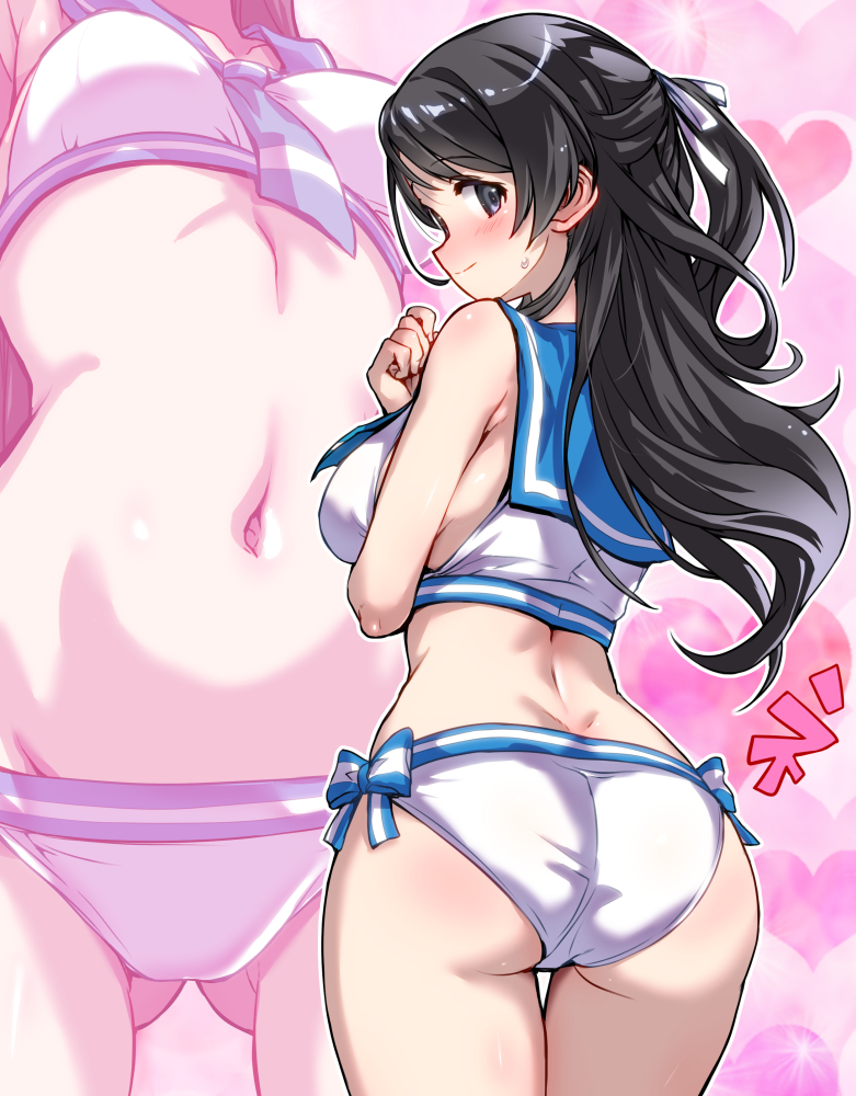 1girl, alternate_costume, ass, bikini, black_hair, blush, breasts, close-up, dimples_of_venus, gluteal_fold, half_updo, heart, heart_background, hirowa_nagi, idolmaster, idolmaster_cinderella_girls, kurihara_nene, linea_alba, long_hair, looking_at_viewer, looking_back, median_furrow, medium_breasts, multiple_views, navel, sailor_bikini, sailor_collar, sailor_swimsuit_(idolmaster), smile, stomach, sweatdrop, thigh_gap, very_long_hair