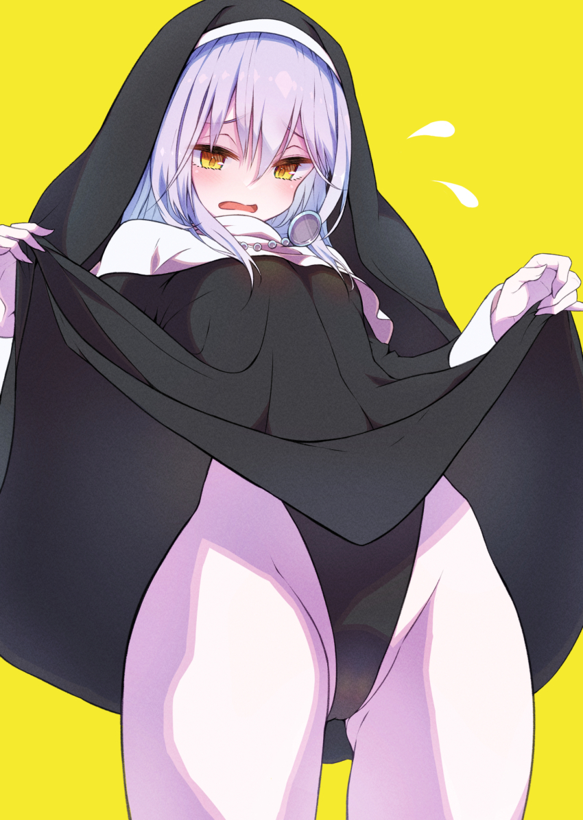 1girl, black_leotard, black_robe, blush, clothes_lift, cowboy_shot, dress, dress_lift, duel_monster, ghost_sister_&amp;_spooky_dogwood, habit, highres, jewelry, leotard, long_hair, long_sleeves, mosui_(kori_can), necklace, nun, nun_headdress, open_mouth, robe, sleeves_past_wrists, solo, traditional_nun, white_hair, yellow_background, yellow_eyes, yu-gi-oh!