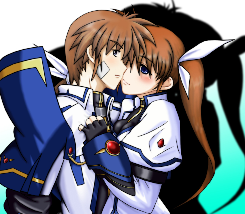 00s, 1boy, 1girl, bastard_(entasis), blue_eyes, brown_hair, dual_persona, entasis, genderswap, genderswap_(ftm), highres, long_hair, lyrical_nanoha, magical_boy, magical_girl, mahou_shoujo_lyrical_nanoha, mahou_shoujo_lyrical_nanoha_strikers, ponytail, selfcest, takamachi_nanoha