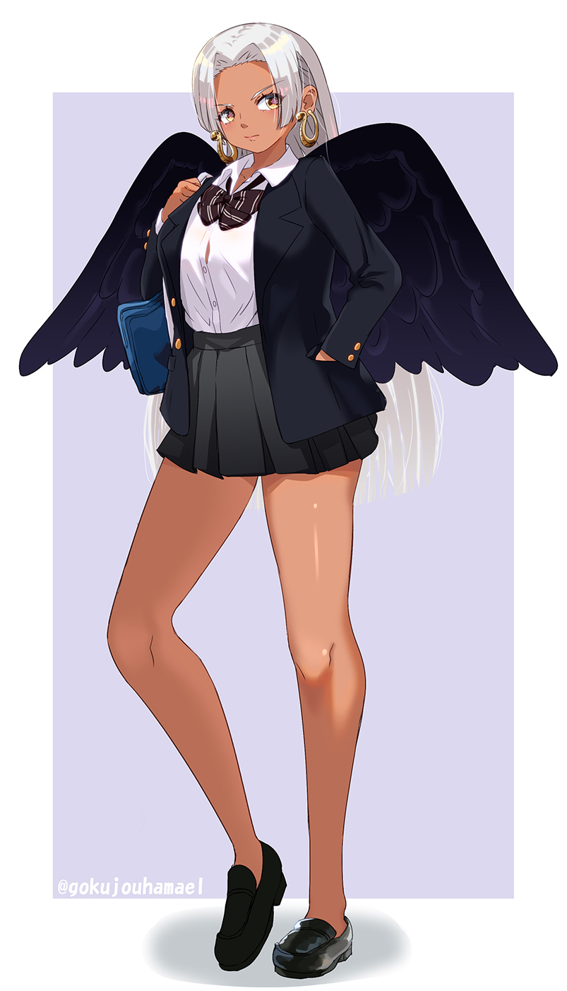 1girl, aged_up, alternate_breast_size_(larger), alternate_costume, angel_wings, artist_name, bag, bare_legs, black_jacket, black_shoes, black_skirt, black_wings, blue_background, blue_bag, blush, border, bow, bowtie, breasts, closed_mouth, collared_shirt, dark-skinned_female, dark_skin, earrings, female_focus, full_body, gokujouhamael, head_tilt, highres, jacket, jewelry, large_breasts, legs, legs_apart, lips, long_hair, looking_to_the_side, miniskirt, nose, one_piece, open_clothes, open_jacket, outside_border, pleated_skirt, s-snake, school_bag, school_uniform, seraphim_(one_piece), shadow, shirt, shoes, sideways_glance, skirt, snake_earrings, solo, standing, tsurime, v-shaped_eyebrows, white_border, white_hair, white_shirt, wings