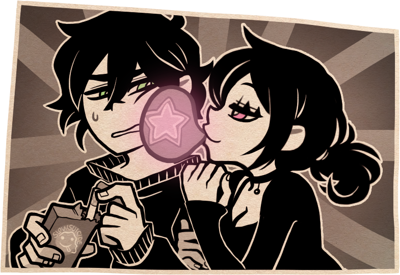 1boy, 1girl, andrew_graves_(the_coffin_of_andy_and_leyley), ashley_graves, chewing_gum, cigarette, cigarette_pack, collar