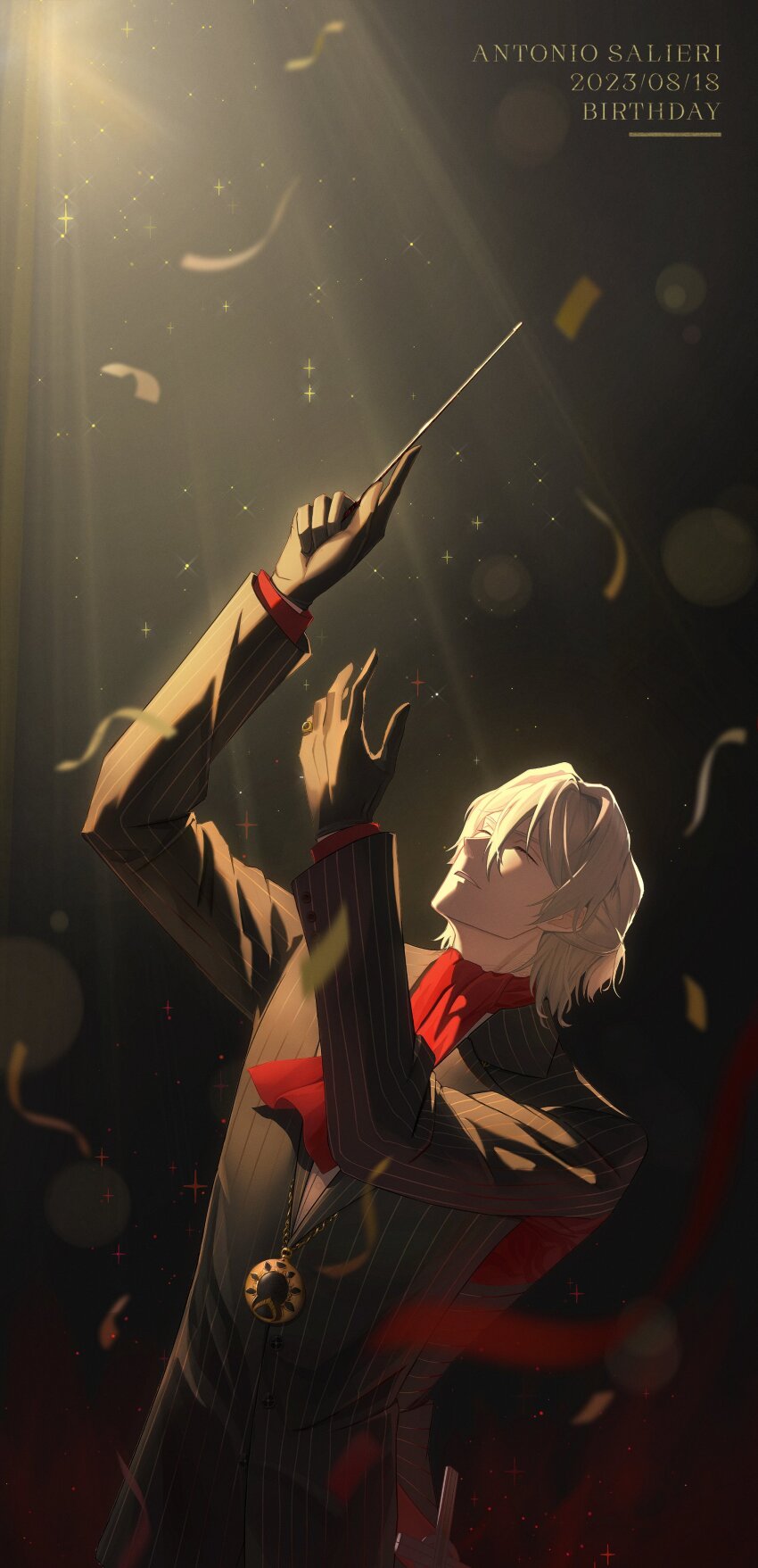 1boy, absurdres, antonio_salieri_(fate), antonio_salieri_(first_ascension)_(fate), ascot, closed_eyes, fate/grand_order, fate_(series), feet_out_of_frame, formal_clothes, grey_hair, happy_birthday, highres, holding, kirei71, male_focus, medal, opera, pants, pinstripe_pattern, solo, sparkle, spotlight, striped, suit