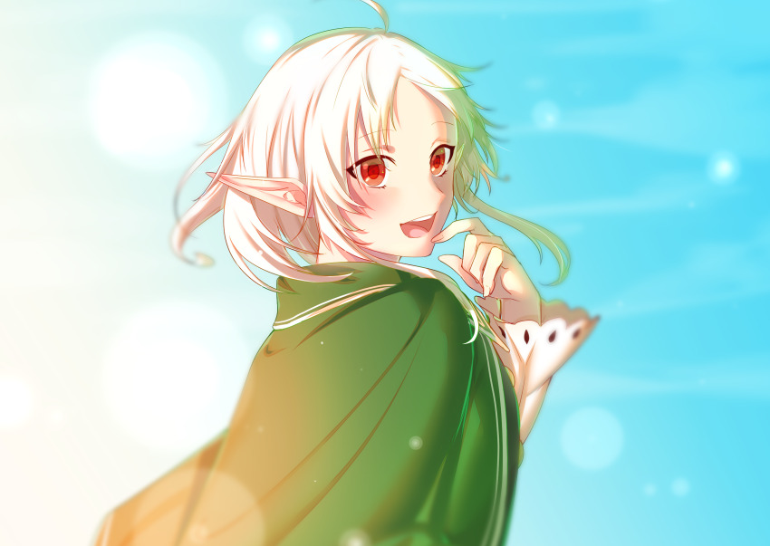 1girl, ahoge, ashidoya, blue_sky, cloak, day, elf, green_cloak, hand_up, highres, mushoku_tensei, open_mouth, outdoors, pointy_ears, red_eyes, short_hair, sky, solo, sylphiette_(mushoku_tensei), white_hair