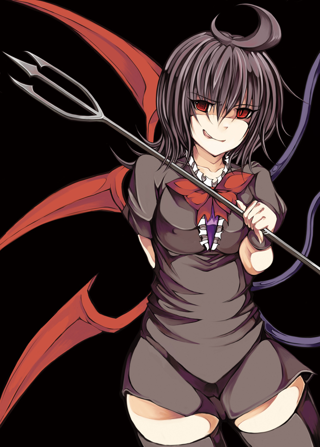 1girl, asymmetrical_wings, bad_id, bad_pixiv_id, black_background, black_hair, black_thighhighs, female_focus, houjuu_nue, momopoppo, polearm, red_eyes, short_hair, simple_background, solo, spear, standing, thighhighs, tongue, touhou, trident, weapon, wings, zettai_ryouiki