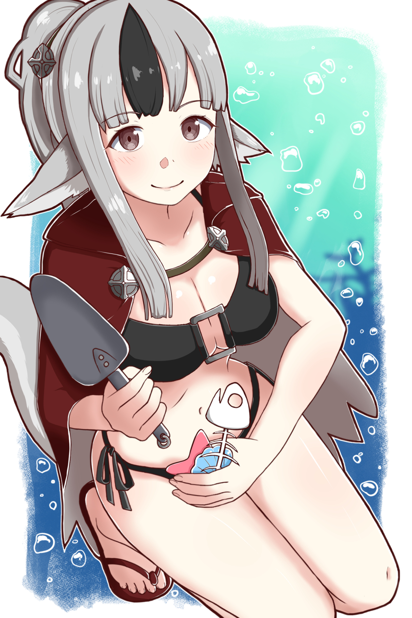 1girl, alternate_costume, alternate_hairstyle, amagumo1023, animal_ears, bikini, black_bikini, black_hair, breasts, cape, clam_shell, cleavage, fire_emblem, fire_emblem_fates, fish_skeleton, flip-flops, grey_hair, highres, looking_at_viewer, medium_breasts, multicolored_hair, nintendo, o-ring, o-ring_bikini, ponytail, red_cape, sandals, shell, side-tie_bikini_bottom, smile, solo, squatting, starfish, streaked_hair, swimsuit, tail, velouria_(fire_emblem), wolf_ears, wolf_girl, wolf_tail