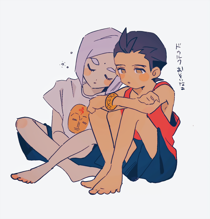 2boys, ace_attorney, aged_down, antenna_hair, apollo_justice, barefoot, blue_shorts, blush_stickers