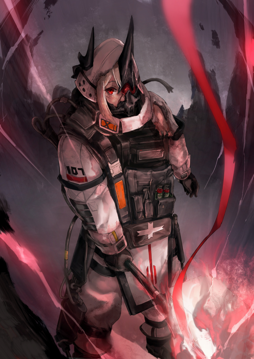 1girl, absurdres, arknights, black_gloves, blood, blood_on_face, broken_mask, burnt_clothes