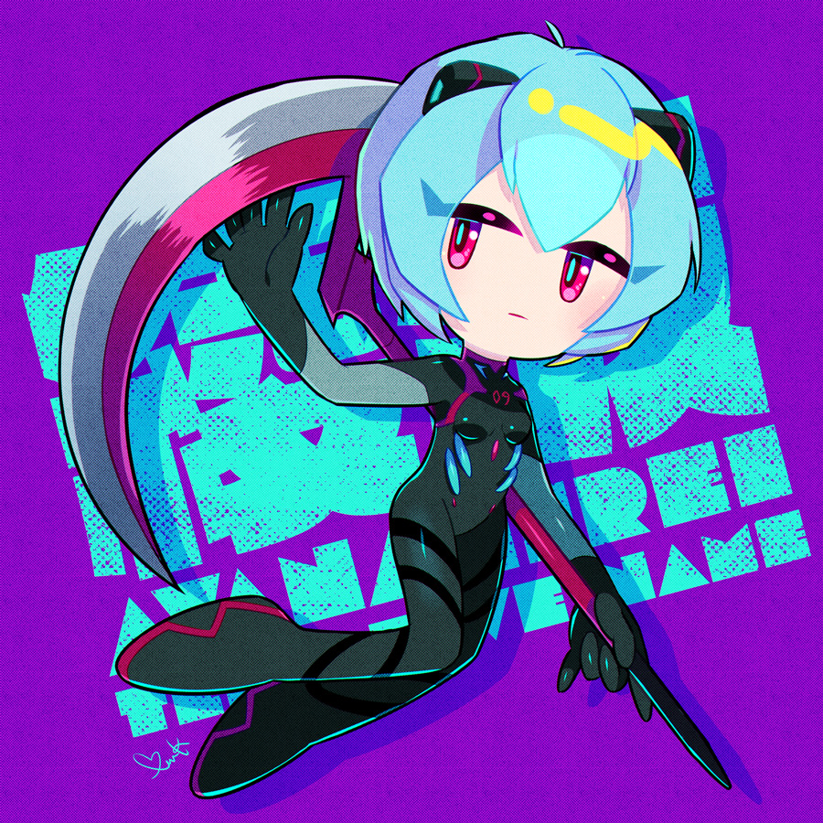 1girl, ayanami_rei, black_bodysuit, blue_eyes, bodysuit, breasts, character_name, chibi