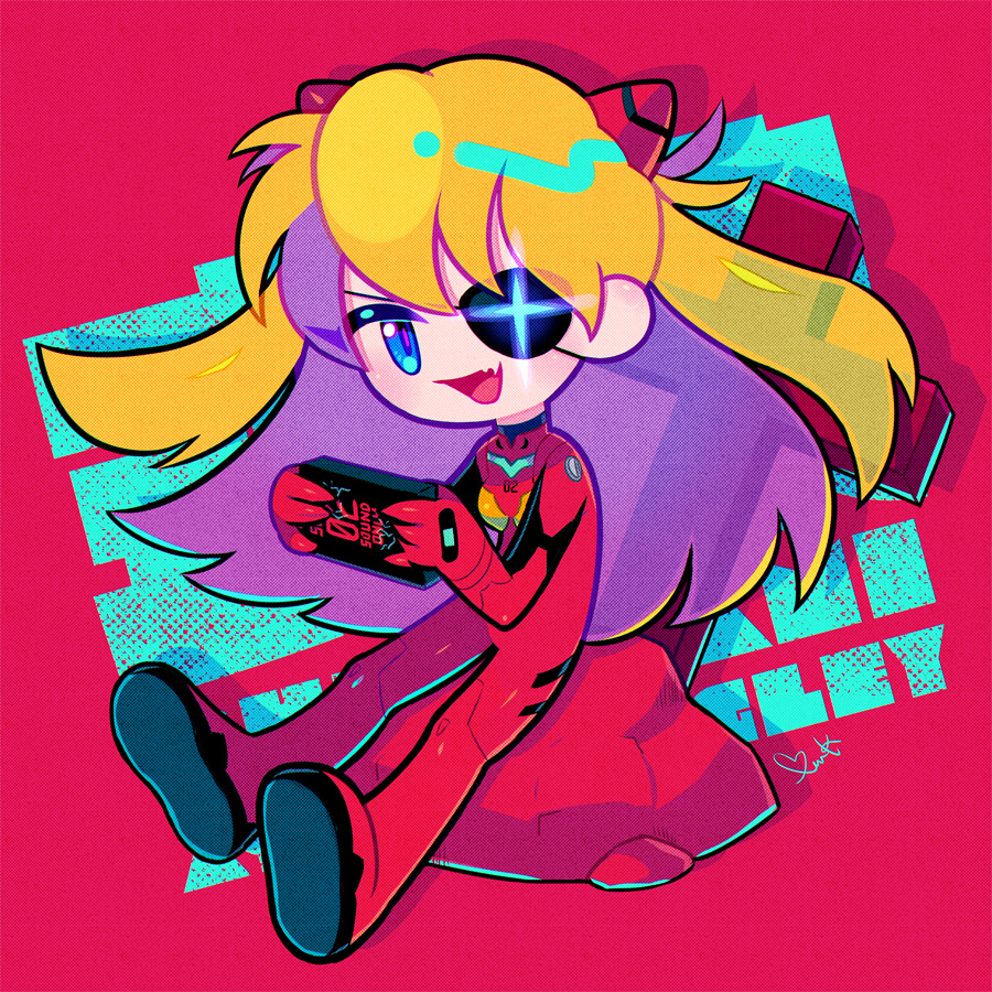 1girl, blonde_hair, blue_eyes, bodysuit, breasts, character_name, chibi, commentary_request, evangelion:_3.0+1.0_thrice_upon_a_time, eyepatch, fang, full_body, holding, long_hair, mecha_pilot_suit, neon_genesis_evangelion, open_mouth, otoe_(milkyboy_inc.), plugsuit_(evangelion), rebuild_of_evangelion, red_bodysuit, rock, signature, sitting, skin_fang, small_breasts, smile, solo, souryuu_asuka_langley