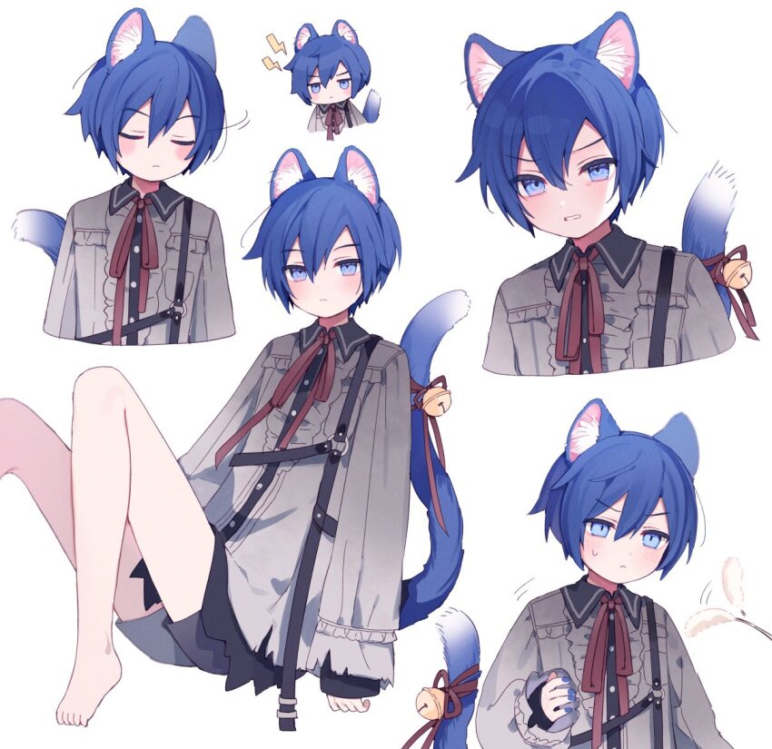 1boy, 25-ji_kaito, androgynous, animal_ear_fluff, animal_ears, bare_legs, barefoot, bell