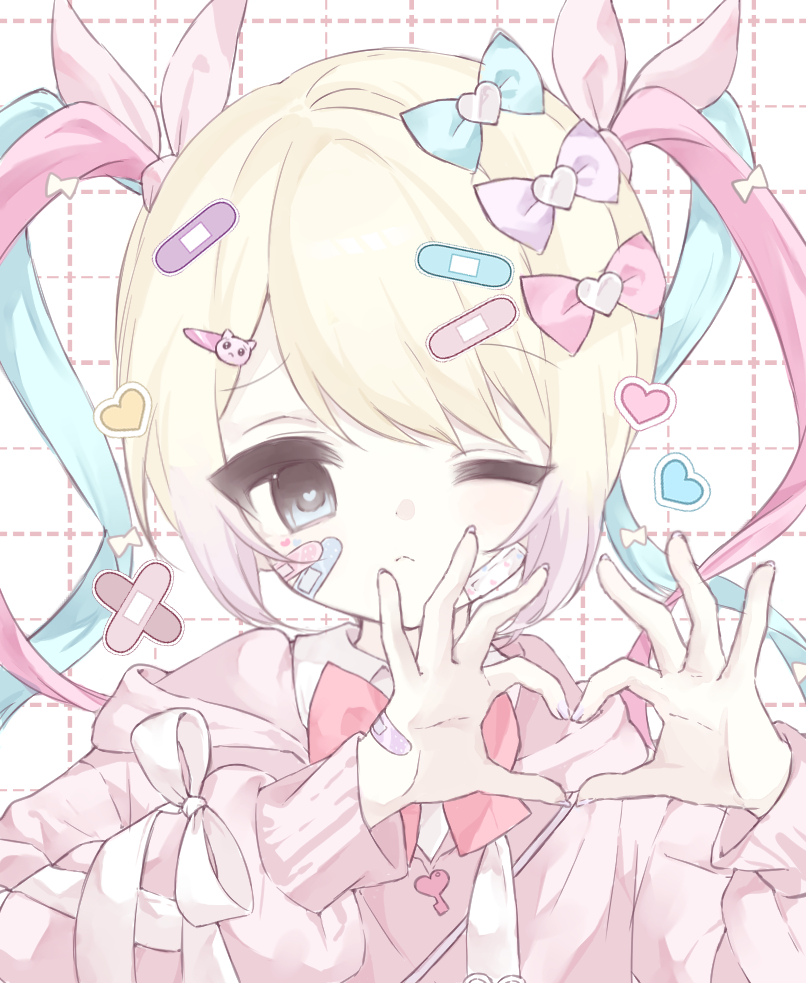 1girl, anone_(00x02), bandaid, bandaid_on_hand, blonde_hair, blue_bow, blue_eyes, blue_hair