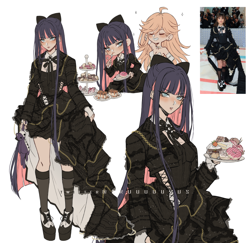 2girls, artist_name, bare_shoulders, black_bow, black_socks, blonde_hair, blush, bow