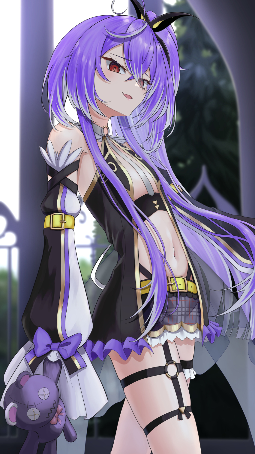 1girl, absurdres, ahoge, arm_belt, belt, between_breasts, black_dress, black_sleeves, blurry, blurry_background, blush, bow, breasts, butterfly_hair_ornament, cheshirena3, clothes_between_breasts, commentary_request, cowboy_shot, cowlick, crossed_bangs, detached_collar, detached_sleeves, dress, eyes_visible_through_hair, fence, frilled_dress, frills, grey_hair, grey_necktie, grey_skirt, hair_between_eyes, hair_ornament, high_ponytail, highres, holding, holding_stuffed_toy, long_bangs, long_hair, looking_at_viewer, microskirt, multicolored_hair, multicolored_sleeves, nanashi_inc., navel, necktie, necktie_between_breasts, o-ring, o-ring_thigh_strap, open_clothes, open_dress, open_mouth, pillar, pine_tree, plaid_clothes, plaid_skirt, ponytail, purple_bow, purple_hair, purple_sleeves, red_eyes, revealing_clothes, shisui_kiki, shisui_kiki_(1st_costume), short_dress, sidelocks, skirt, sleeve_bow, sleeveless, sleeveless_dress, sleeves_past_fingers, sleeves_past_wrists, small_breasts, smile, smug, solo, streaked_hair, stuffed_animal, stuffed_toy, teddy_bear, thigh_strap, tree, underbust, very_long_hair, virtual_youtuber, white_sleeves, yellow_belt