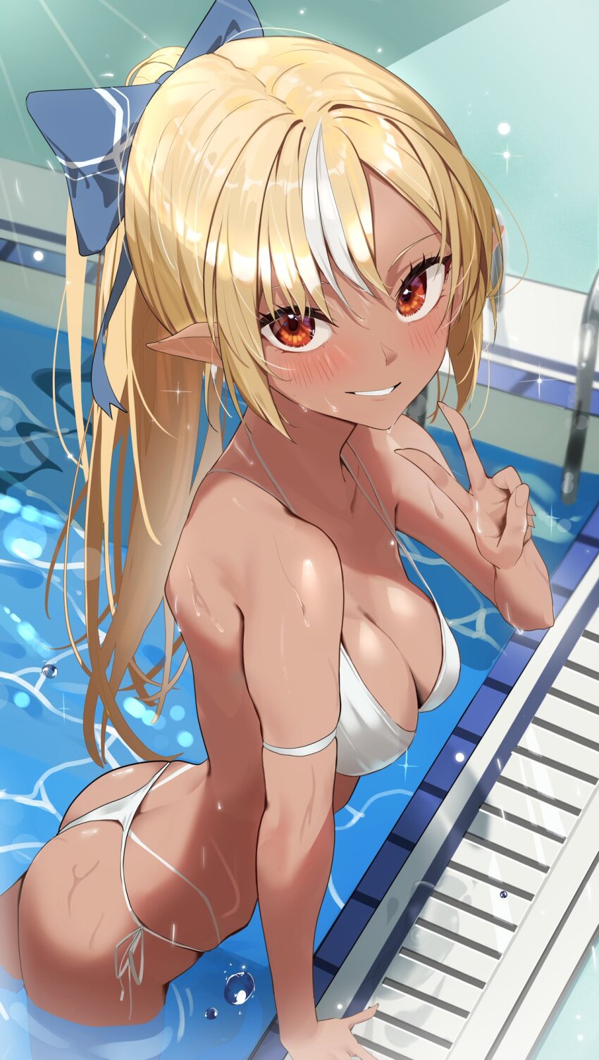 1girl, bare_shoulders, bikini, blonde_hair, blush, bow, breasts, cleavage, dark-skinned_female, dark_elf, dark_skin, elf, hair_bow, highres, hololive, in_water, large_breasts, long_hair, looking_at_viewer, multicolored_hair, panda_0035, pointy_ears, ponytail, pool, red_eyes, shiranui_flare, side-tie_bikini_bottom, smile, solo, streaked_hair, swimsuit, v, virtual_youtuber, wet, white_bikini, white_hair