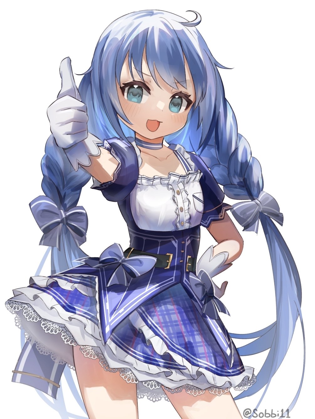 1girl, blue_choker, blue_dress, blue_eyes, blue_hair, blue_ribbon, blue_skirt, braid
