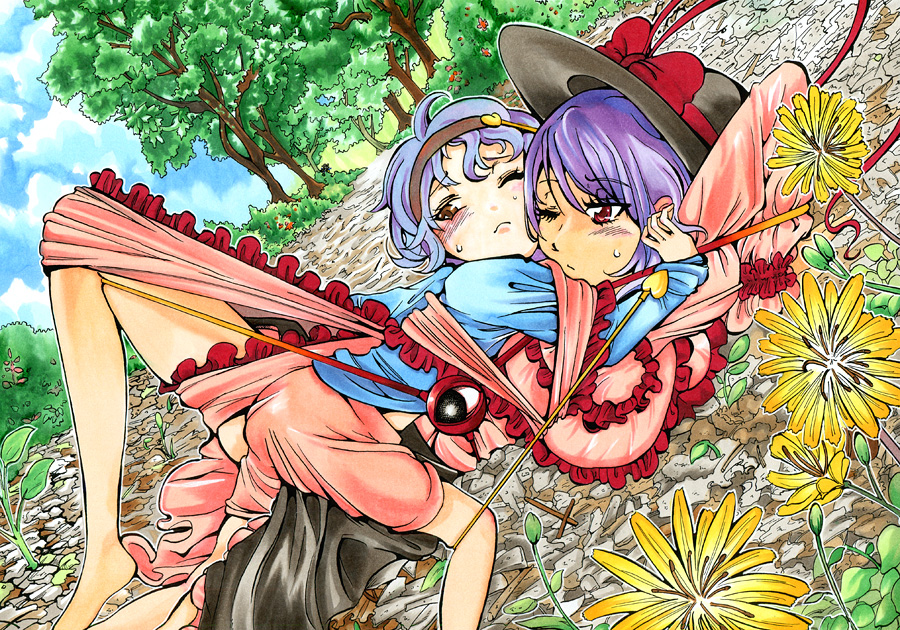2girls, bad_id, bad_pixiv_id, bdsm, bondage, bound, brown_eyes, dutch_angle, entangled, female_focus, flower, frills, hairband, hat, hat_ribbon, heart, hug, komeiji_satori, light_purple_hair, marker_(medium), multiple_girls, nagae_iku, nib_pen_(medium), okubyou_yuuki, one_eye_closed, pen_(medium), purple_hair, red_eyes, ribbon, scarf, short_hair, sweat, third_eye, touhou, traditional_media, tree, wink, yuri