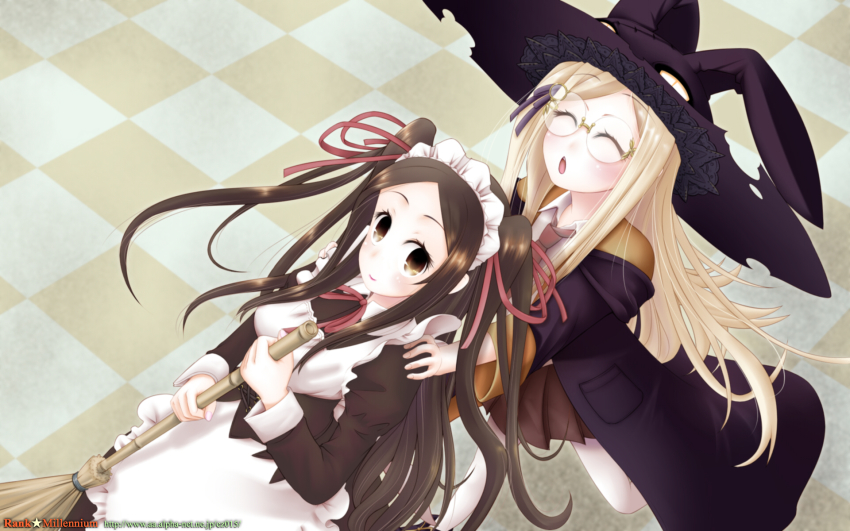 10s, 2girls, apron, blonde_hair, broom, brown_eyes, brown_hair, checkered_floor, closed_eyes, coat, floor, glasses, hair_ribbon, hat, highres, long_hair, maid_headdress, majolica_le_fay, multiple_girls, necktie, ookami-san, paco_2, pleated_skirt, ribbon, school_uniform, skirt, tsurugaya_otsuu, twintails, two_side_up, witch_hat