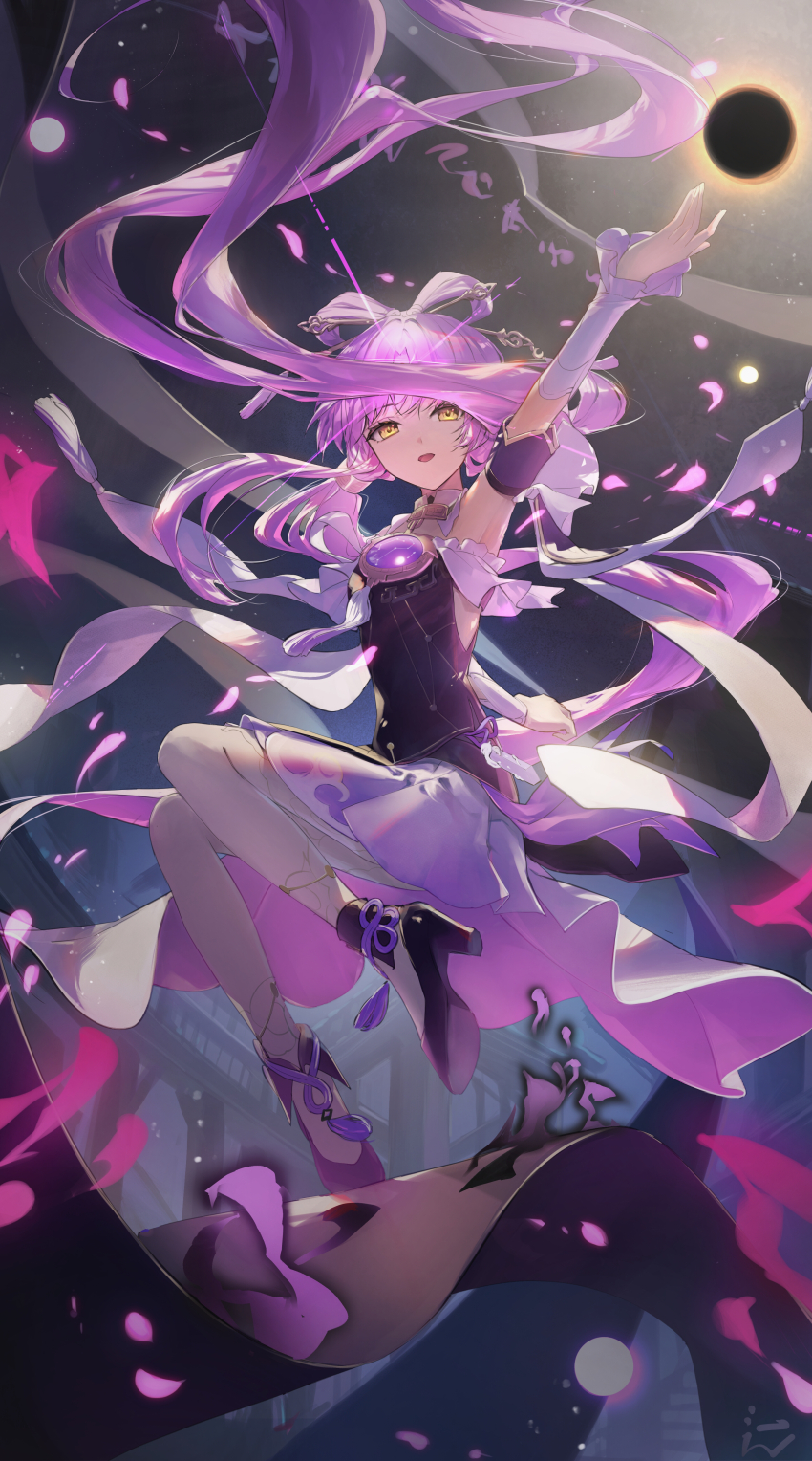 1girl, absurdres, arm_up, armpits, black_footwear, black_shirt, bow-shaped_hair, clothing_cutout