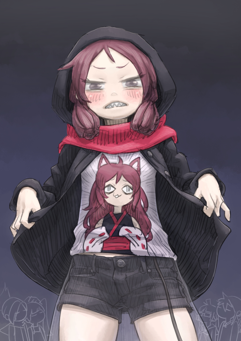 5girls, :3, black_background, black_shorts, blush, character_print, chiyo_maru, clenched_teeth, clothes_lift, commentary_request, cowboy_shot, denim, denim_shorts, doodle_inset, embarrassed, emphasis_lines, gradient_background, grey_eyes, half-closed_eyes, hood, hood_up, hoodie, hoodie_lift, kemurikusa, looking_at_viewer, medium_hair, midriff_peek, multiple_girls, open_clothes, open_hoodie, parted_bangs, print_shirt, red_hair, red_scarf, riku_(kemurikusa), rin_(kemurikusa), rina_(kemurikusa), ritsu_(kemurikusa), ryoku_(kemurikusa), ryou_(kemurikusa), scarf, scowl, see-through_clothes, see-through_skirt, sharp_teeth, shirt, short_shorts, shorts, shorts_under_skirt, sidelocks, skirt, solo_focus, standing, teeth, white_shirt