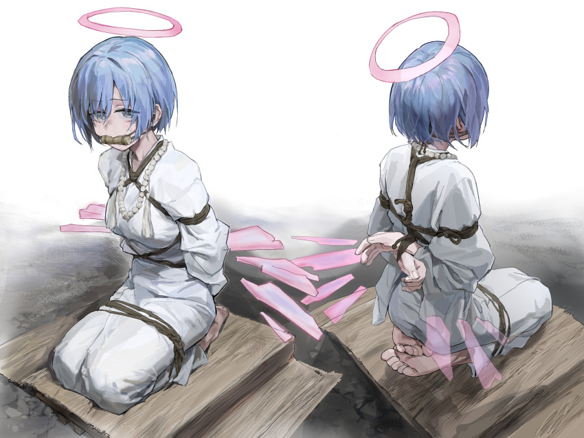 1girl, a_tea, arknights, arms_behind_back, bdsm, blue_hair, bondage, bound, breasts, detached_wings, disembodied_hand, energy_wings, full_body, gagged, halo, highres, how_to, japanese_clothes, looking_at_viewer, medium_breasts, multiple_views, seiza, shibari, short_hair, sitting, spuria_(arknights), wings, yellow_eyes