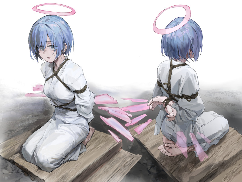 1girl, a_tea, arknights, arms_behind_back, bdsm, blue_hair, bondage, bound