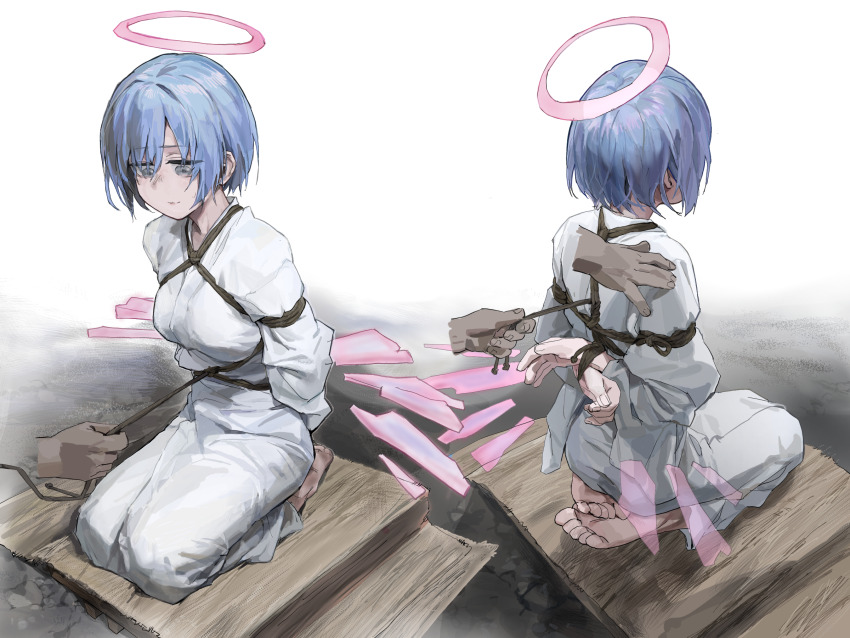 1girl, a_tea, arknights, arms_behind_back, bdsm, blue_hair, bondage, bound