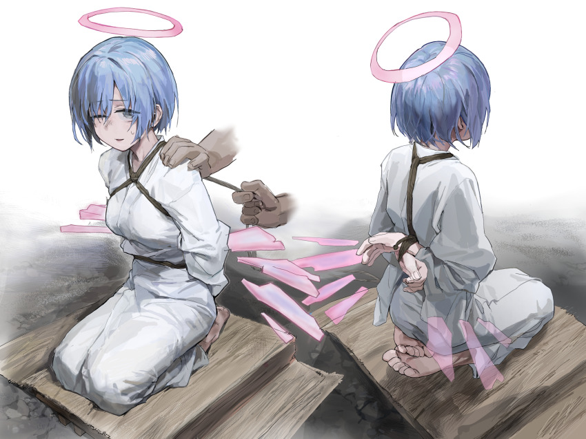 1girl, a_tea, arknights, arms_behind_back, bdsm, blue_hair, bondage, bound