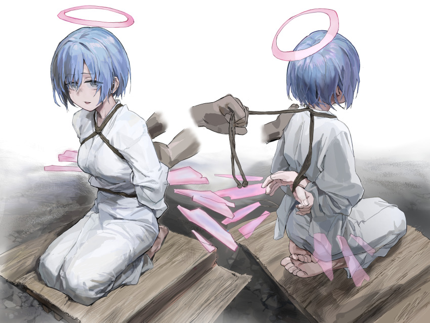 1girl, a_tea, arknights, arms_behind_back, bdsm, blue_hair, bondage, bound