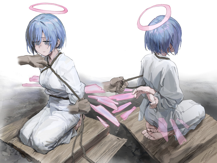1girl, a_tea, arknights, arms_behind_back, bdsm, blue_hair, bondage, bound