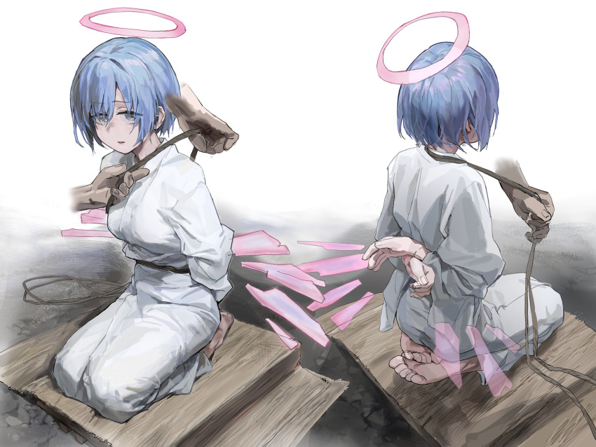 1girl, a_tea, arknights, arms_behind_back, bdsm, blue_hair, bondage, bound