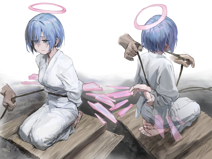 1girl, a_tea, arknights, arms_behind_back, bdsm, blue_hair, bondage, bound