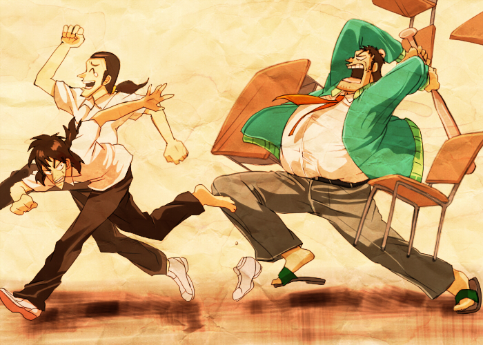 3boys, alternate_universe, anger_vein, angry, baseball_bat, belt, black_belt, black_hair