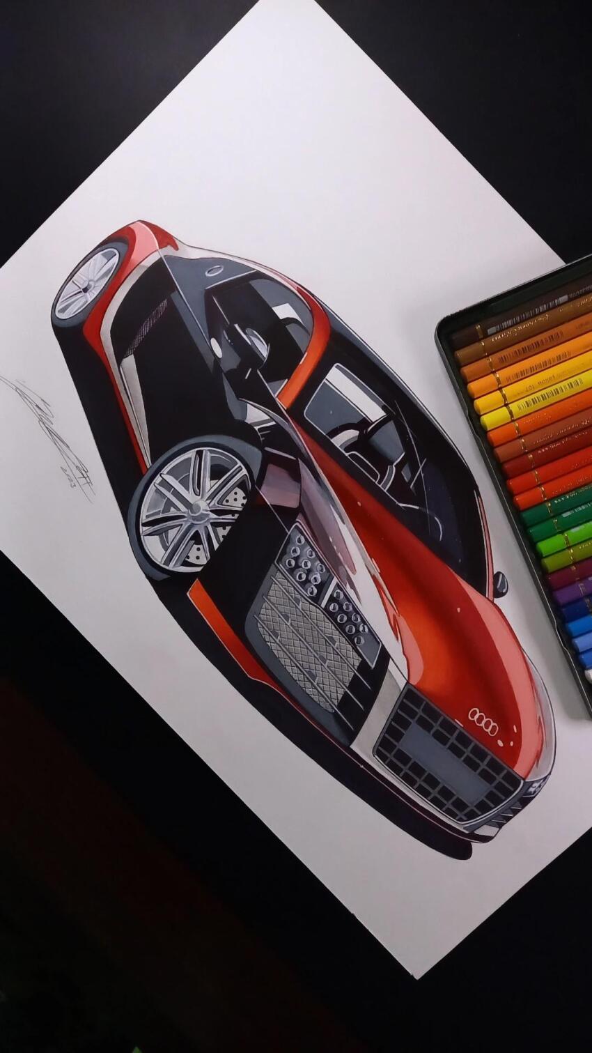 art_tools_in_frame, audi, audi_r8, car, colored_pencil, colored_pencil_(medium), highres, luka_milic