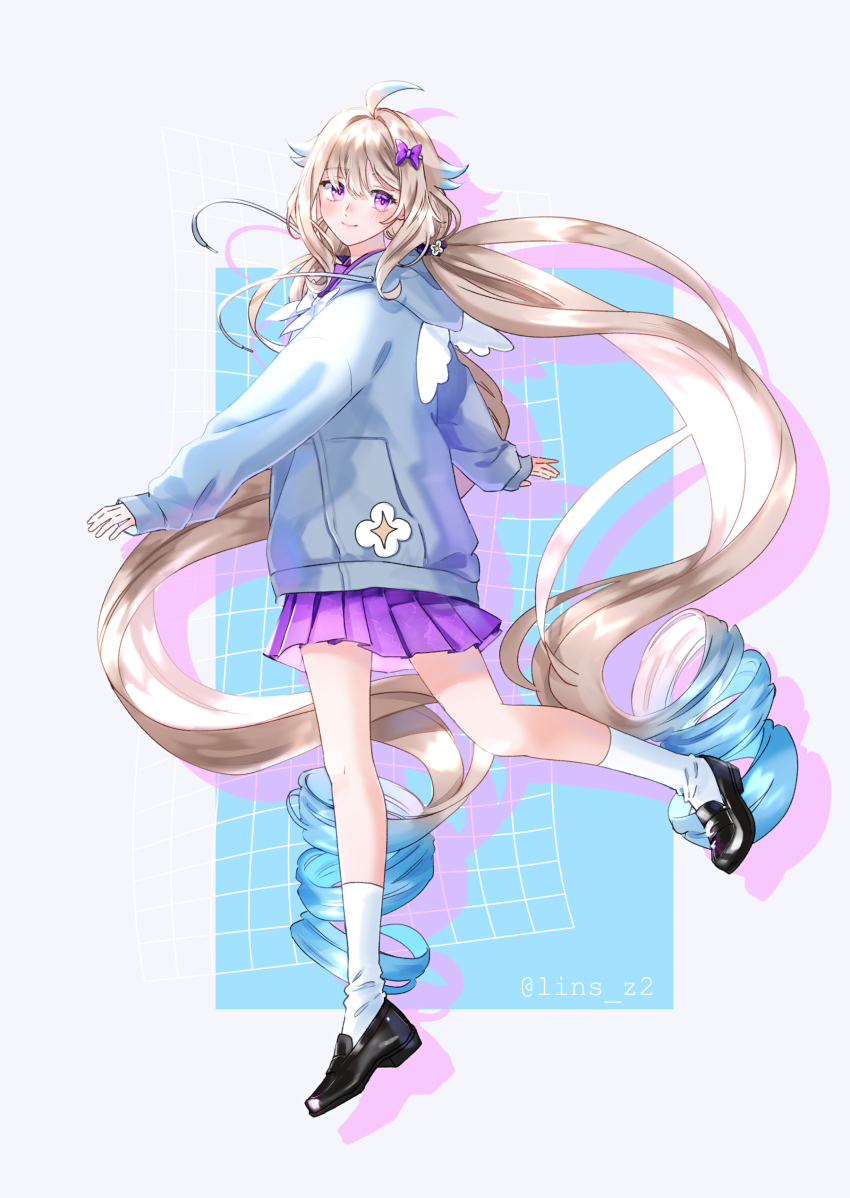 1girl, absurdres, alternate_costume, black_shoes, blonde_hair, blue_hair, blue_hoodie, blush