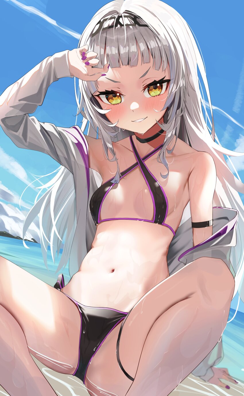 1girl, absurdres, arm_strap, armpits, beach, bikini, black_bikini, black_choker, black_hairband, blue_sky, blunt_bangs, blush, breasts, choker, commentary, contrail, criss-cross_halter, day, eyelashes, feet_out_of_frame, grey_hair, grin, hairband, halterneck, highres, hololive, long_hair, looking_at_viewer, multicolored_bikini, murasaki_shion, murasaki_shion_(hololive_summer_2019), nail_polish, navel, ocean, off_shoulder, official_alternate_costume, open_clothes, open_shirt, orange_eyes, outdoors, panda_0035, purple_bikini, purple_nails, shirt, sidelocks, sitting, sky, small_breasts, smile, solo, spread_legs, stomach, swimsuit, teeth, thigh_strap, two-tone_bikini, v-shaped_eyebrows, virtual_youtuber, wet, white_shirt