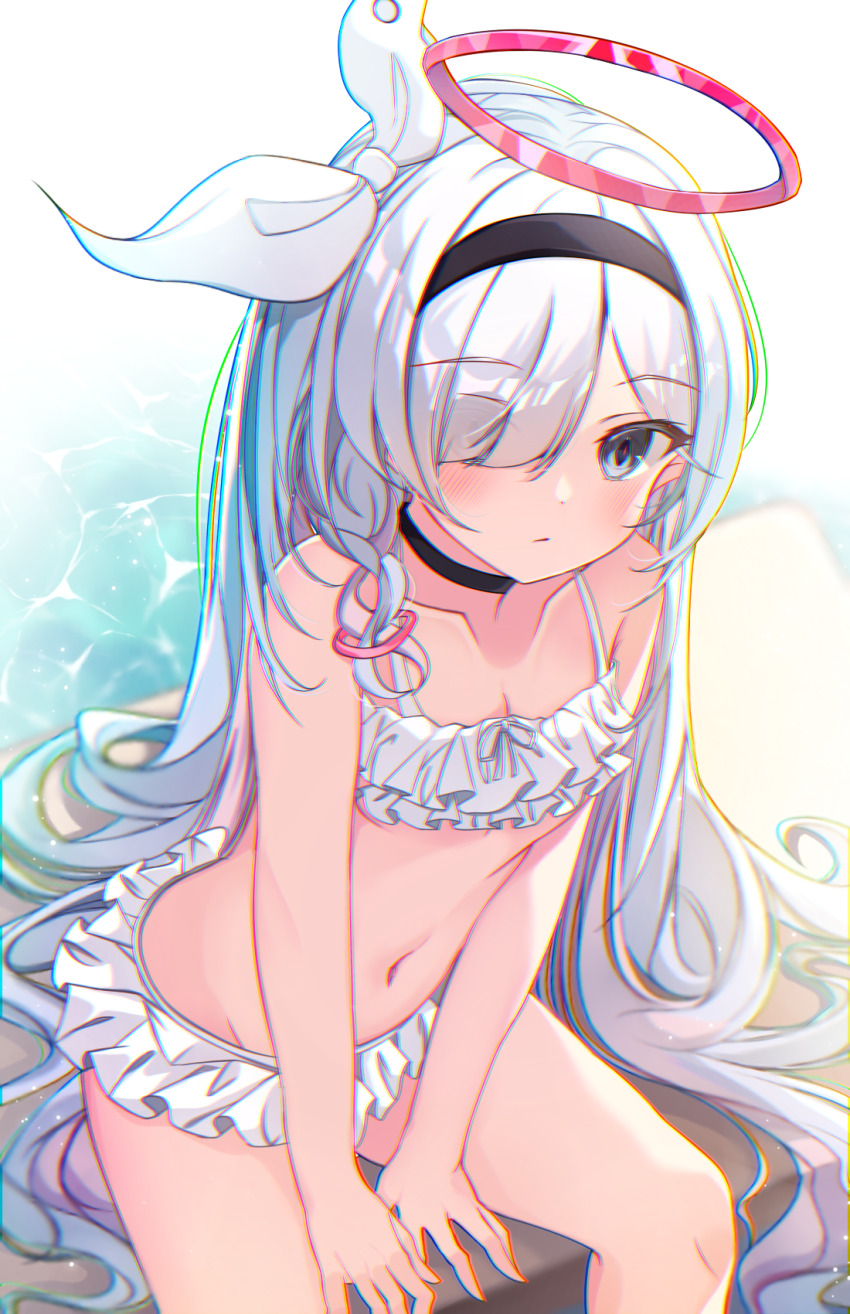 1girl, between_legs, bikini, black_choker, black_eyes, black_hairband, blue_archive, blush
